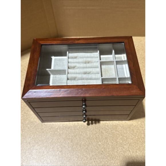 VTG Wooden Jewelry Box Chest Style 12x8x8 Glass Top 3 Drawers Unbranded READ - Picture 2 of 15